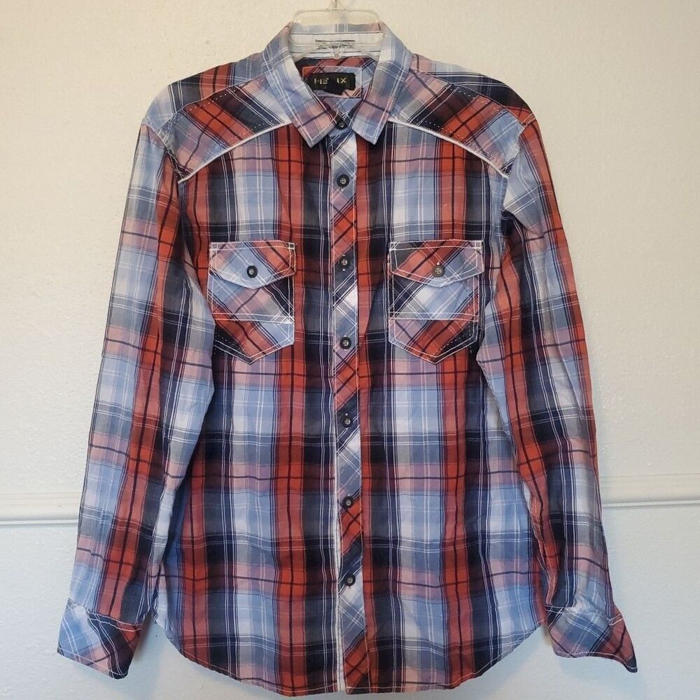 Helix Shirt Mens Large Athletic Fit Long Sleeve Button Up‎ Navy Orange Plaid